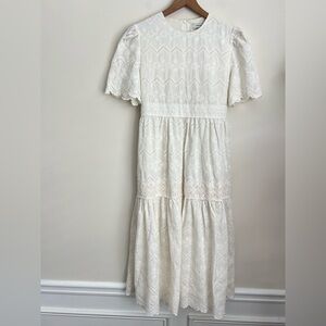 Maronnie white eyelet short sleeve Maxi dress lined tiered modest boho floral